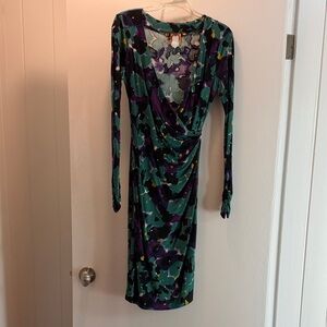 Tory Burch Purple and Green Floral Long Sleeve Silk Dress